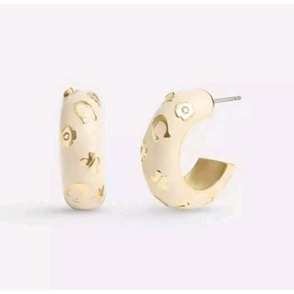 NEW Coach Enamel Signature Floral Huggie Earrings White Gold Dangle Stud - Picture 1 of 5